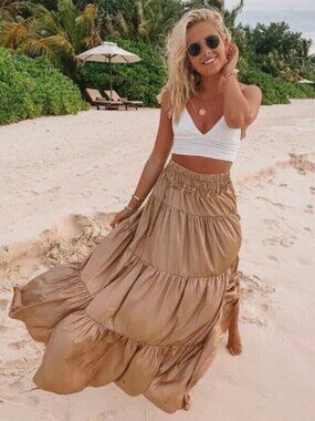 Zara Skirt With Frills Mink 2935/787 Women's XS Tiered Maxi Elastic Waist
